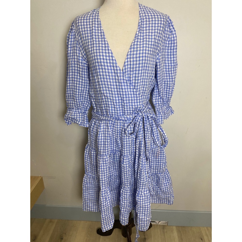 Ralph Lauren Black Label Blue Gingham Linen Wrap Tiered Ruffle Dress 10